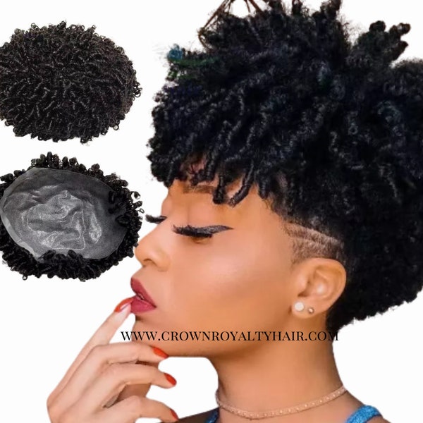 Women Toupee Topper - 6 Inches Length 12mm curl Spring Twist Crotchet bleached knots Human Hair Toupee Mono and PU Base 1B Black