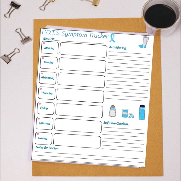 POTS Postural Orthostatic Tachycardia Syndrome Symptom Tracker and Planner Printable- Activies log, checklist, calendar, medical log etc!