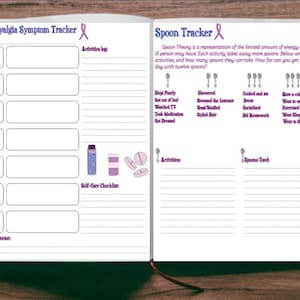 Fibromyalgia symptom tracker, spoon tracker, test results, medical info, calendar, activities log, self-care checklist! Printable PDF