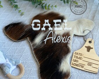 Könnte beinhalten: Ein braunes und weißes Kuhfell-Ausschnitt mit den Namen Gael Alexis in weiß geschrieben. Ein Holzschild mit den Worten "DATE: TIME: LBS: OZ: LENGTH:" ist an dem Ausschnitt befestigt.