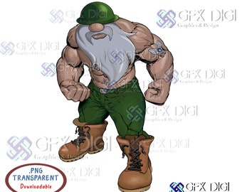Peut inclure: Une illustration de dessin animé d'un gnome musclé vêtu de vert portant un chapeau militaire et des bottes. Le gnome a une barbe blanche et une expression déterminée.