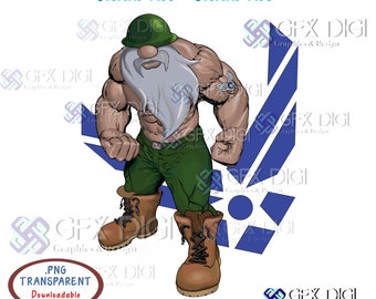 Peut inclure: Une illustration de dessin animé d'un homme musclé barbu portant un chapeau militaire vert et un pantalon de camouflage. Il se tient devant un symbole de l'armée de l'air bleu et blanc. L'image est un fichier numérique et est téléchargeable.