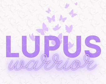 以下が含まれることがあります： 紫色のテキストで「Lupus warrior」と書かれており、背景には紫色の蝶の模様が描かれています。