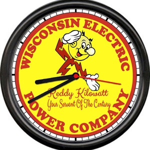 May include: A black and yellow clock with a red border. The clock face features a cartoon character with a lightning bolt and the text "Wisconsin Electric Power Company". The text "Reddy Kilowatt Your Servant Of The Century" is also on the clock face.