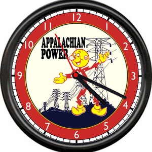 May include: A black and red clock with a white face featuring a cartoon character and the text "Appalachian Power".