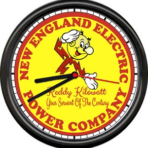 May include: A black and red clock with a yellow circle in the center. The circle has the text "New England Electric Power Company" in red and white lettering. Inside the circle is a cartoon character with a lightning bolt and the text "Reddy Kilowatt Your Servant Of The Century".