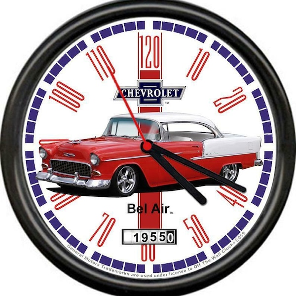 Licensed 1955 Red Chevy Belair 2 Door Chevrolet General Motors Sign Wall Clock