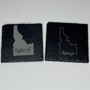 Idaho Slate Coasters Set of 4 - State Outline or Silhouette with &#39;Home&#39; Design - Rustic 4x4&quot; Drink Coasters - Idaho Gift for Housewarming