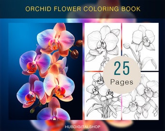 May include: A coloring book featuring 25 pages of orchid flower illustrations. The cover shows a vibrant pink and purple orchid flower with a blue background.