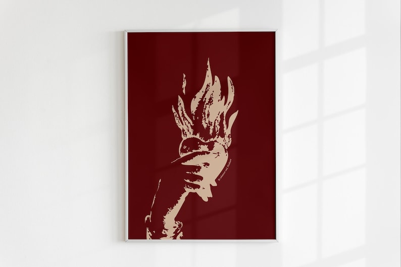 May include: A stylized illustration of a hand holding a heart engulfed in flames. The image is set against a deep red background.