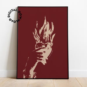May include: A digital art print featuring a stylized image of a heart engulfed in flames. The heart and flames are a light beige color against a deep burgundy background.