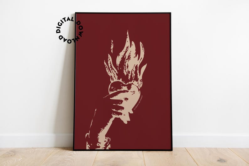 May include: A digital art print featuring a stylized image of a heart engulfed in flames. The heart and flames are a light beige color against a deep burgundy background.