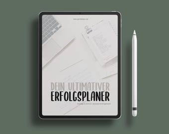 Puede incluir: Una tableta blanca con un marco negro que muestra un planificador digital con el texto "Dein Ultimativer Erfolgsplaner" y el lema "Erfolg im Online-Business leicht gemacht".