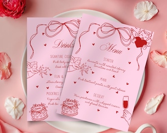 Galentine's Dinner Menu, Valentines Day Girls Night Out Cocktail Menu Template, Valentine's Day Brunch, Galentines Place Card