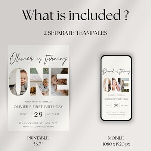 May include: A printable 5x7 inch invitation and a mobile invitation, both featuring the text "Olivier is turning ONE" and "David is turning ONE". The invitations include photos and event details.