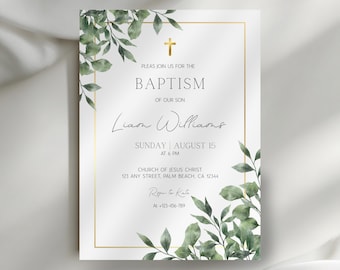 Minimalist Greenery Baptism Invitation Template, Baptism Invitation Boy, Christening, First Holly, Religious Cross, Boys Green Invite