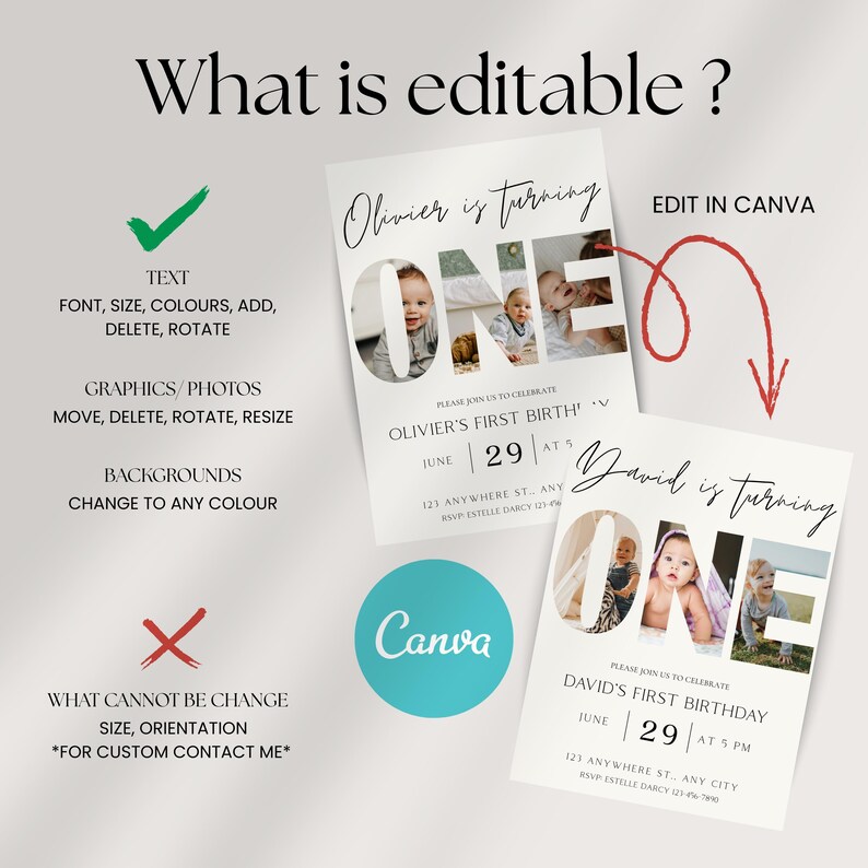 May include: Two white invitation cards with the text "Olivier is turning ONE" and "David is turning ONE". The cards include photos and editable text. The image also shows what can be edited, such as text, graphics, and backgrounds.