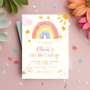 May include: A watercolour birthday invitation featuring a rainbow, stars, and sun. The text says "Let's celebrate Olivia's 1st Birthday" with event details. The card is on a pink background with confetti and flowers.