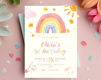 First Birthday Invitation, Pastel Rainbow 1st Birthday Invite, Birthday Invitation, 1st Birthday Gender neutral, Pastel Rainbow, Printable