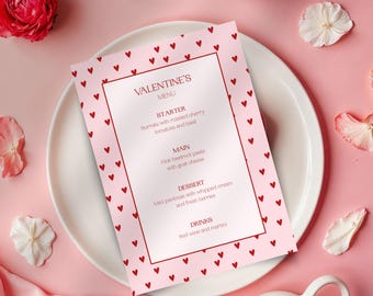Valentines Menu Editable Template, Galentine's Dinner Menu, Valentine's Day Party Girls Night, Pink & Red, Valentine Menu with hearts