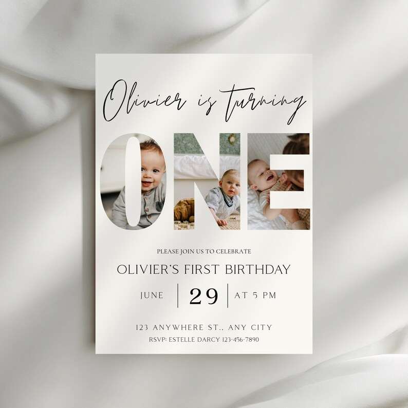 May include: A cream-colored invitation card with the text "Olivier is turning ONE." The word "ONE" features photos of a baby. The card also includes the text "Olivier's First Birthday" and event details.