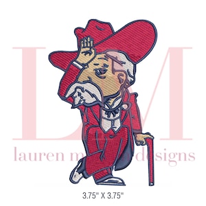 May include: An embroidered patch featuring a cartoon character in a red suit and wide-brimmed hat, saluting with one hand and holding a cane in the other. The design includes white and tan details, with the text 3.75" x 3.75" printed below the image.