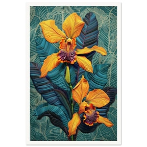 Può includere: Due orchidee arancioni vibranti con centri viola sbocciano su uno sfondo di foglie con motivi verde acqua e verde.