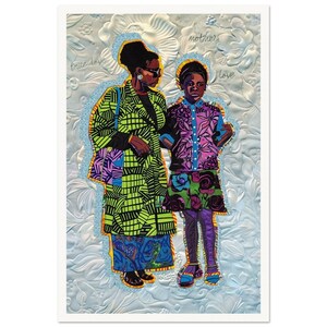May include: A colorful illustration of a mother and daughter, both wearing patterned clothing. The mother is wearing a green and black checkered coat and the daughter is wearing a purple and pink floral shirt and a green and black floral skirt. The background is a light blue with a floral pattern. The text "true love" and "mother love" is written on the image.