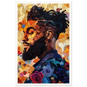 Puede incluir: Un retrato colorido de una persona con barba y rastas. La persona lleva una chaqueta azul con bordados florales. El fondo es un patrón dorado y floral.