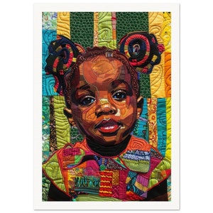 Puede incluir: Un retrato colorido de una niña con piel morena, que lleva un vestido de retazos multicolores. Su cabello está peinado en dos grandes moños rizados y coloridos. El fondo es un mosaico de tela colorida.