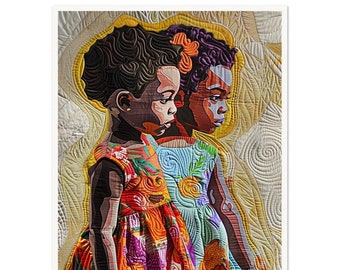 May include: Two young girls with dark skin and brown hair are wearing colorful dresses. The girl on the left is wearing a red, orange, yellow, and purple dress with a floral pattern. The girl on the right is wearing a blue, green, and yellow dress with a floral pattern. The background is a white quilted fabric with a yellow and brown swirl pattern.