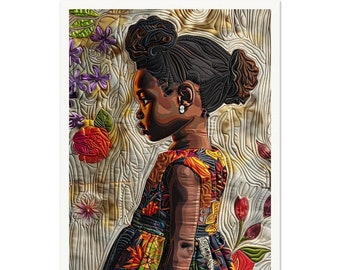 Könnte beinhalten: Gerahmter Kunstdruck mit einem jungen Mädchen in einem farbenfrohen Kleid, vor einem floralen und strukturierten Hintergrund. Das dunkle Haar des Mädchens ist zu zwei Duttfrisuren gestylt. Das Kleid hat ein lebhaftes Blumenmuster mit orangefarbenen, roten und gelben Akzenten. Das Kunstwerk ist detailliert mit aufwendigen Nähten.