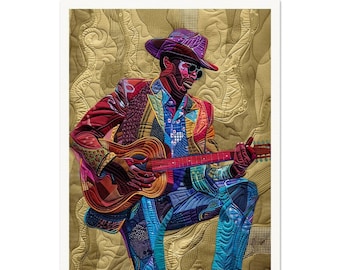 May include: A colorful, quilted artwork depicting a person playing a guitar. The person is wearing a hat, sunglasses, and a jacket made of colorful fabric patches. The guitar is also made of colorful fabric patches. The background is a gold quilted fabric.
