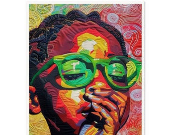 May include: A colorful portrait of a person with green glasses, their hand covering their mouth. The portrait is made of fabric and is stitched together in a patchwork style.