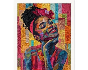 May include: A colorful portrait of a woman with a red headband and a bright smile. The woman's face and clothing are made of colorful fabric pieces, creating a patchwork effect. The word "LOVE" is visible on the woman's clothing.