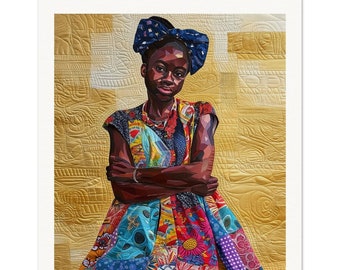 May include: A young girl with dark skin and a blue headband stands against a gold background. She is wearing a colorful patchwork dress with a variety of floral and geometric patterns.