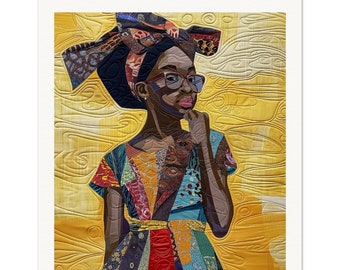 May include: A young girl with dark skin is wearing a colorful patchwork dress and a head wrap. She is wearing glasses and has a thoughtful expression on her face. The background is a yellow quilted fabric.