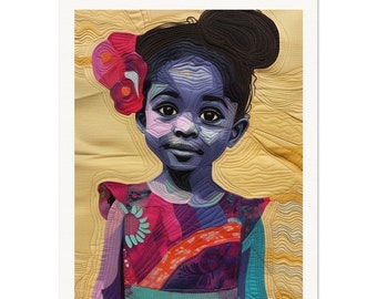 May include: A colorful quilted portrait of a young girl with a pink flower in her hair. The girl is wearing a multi-colored dress with a floral pattern. The background is a yellow quilted fabric.