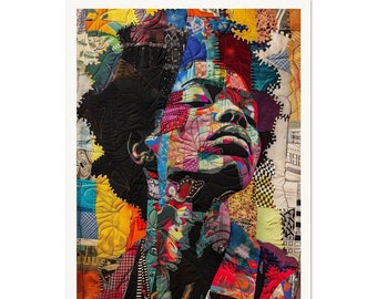 Könnte beinhalten: Ein farbenfrohes Porträt einer Person mit einem schwarzen Afro, das aus einem Patchwork aus Stoff gefertigt wurde. Das Gesicht der Person besteht aus verschiedenen farbigen Stoffen, und der Hintergrund ist eine Mischung aus gelben, roten und blauen Stoffen.