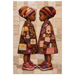 Può includere: Due bambini si fronteggiano, indossando cappotti e cappelli patchwork. I cappotti presentano motivi floreali e geometrici nei toni del marrone, rosa e viola. Indossano scarpe da ginnastica colorate. Lo sfondo è una trapunta patchwork.