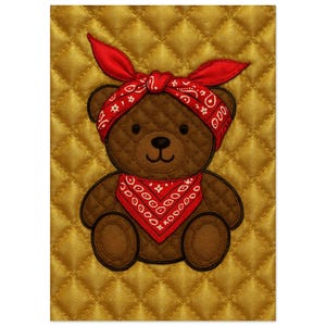 Könnte beinhalten: Illustration eines braunen Teddybären mit einem roten Bandana auf dem Kopf und um den Hals. Das Bandana hat ein weißes Muster. Der Hintergrund ist ein gestepptes Goldmuster.