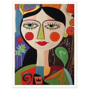 Könnte beinhalten: Ein farbenfrohes abstraktes Porträt einer Frau mit großen Augen, roten Lippen und einer grünen Nase. Der Hintergrund ist gefüllt mit geometrischen Formen und Mustern in verschiedenen Farben, darunter Grün, Orange, Rot und Blau.