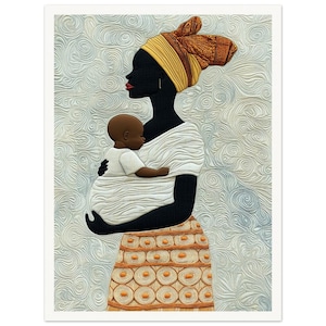 Könnte beinhalten: Eine schwarze Frau mit einem gelben und orangefarbenen Kopftuch hält ein Baby in einem weißen Swaddle. Die Frau trägt einen weißen und orangefarbenen Rock mit Muster. Der Hintergrund ist hellblau mit einem wirbelnden Muster.