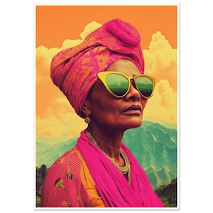 May include: A woman wearing a pink headscarf with a floral pattern and large yellow sunglasses. She is standing in front of a mountain landscape with a cloudy sky.