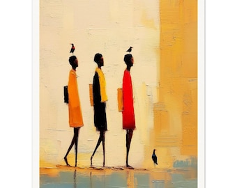 May include: A painting of three people walking in a line. The people are wearing yellow, black, and red clothing. The painting is done in a stylized, abstract style. There are birds on top of the people's heads.