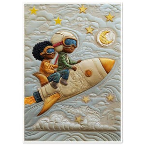 Arte murale • Poster • Arte Black Quilt • Rocket Dreams: un viaggio attraverso le stelle ispirato a Hebru Brantley e Bisa Butler