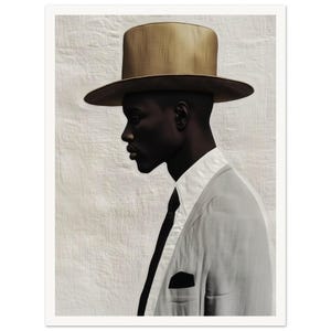 May include: A man in a light grey suit and a gold top hat stands against a white textured background. He is looking to the side with a serious expression.