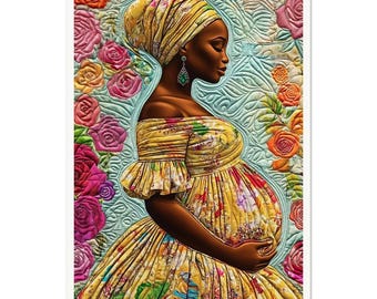 May include: A pregnant woman in a yellow floral dress with a colorful head wrap. The dress has a ruffled neckline and the woman is holding her belly. The background is a blue and green quilted fabric with floral designs.