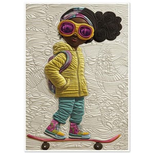 Arte murale • Poster • Arte trapuntata nera • La moda audace incontra lo spirito skater ispirato da Hebru Brantley e Bisa Butler