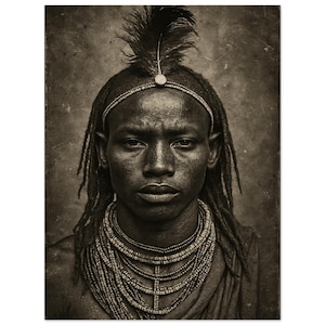 Arte murale • Poster NB • Arte fotorealistica • Arte nera • Africana • Orgoglio vintage: guerriero Masai degli anni '30
